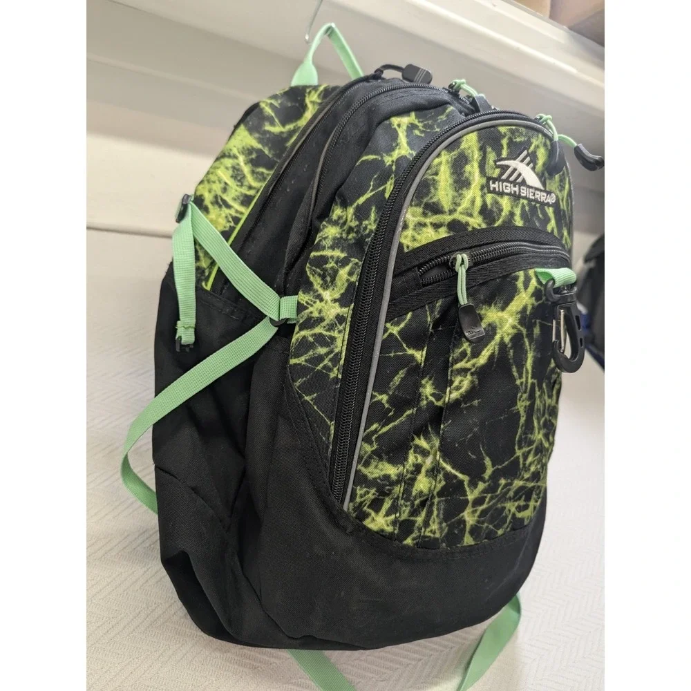 High Sierra Backpack Green Black Lightning Pattern School Hiking Daypack Bag